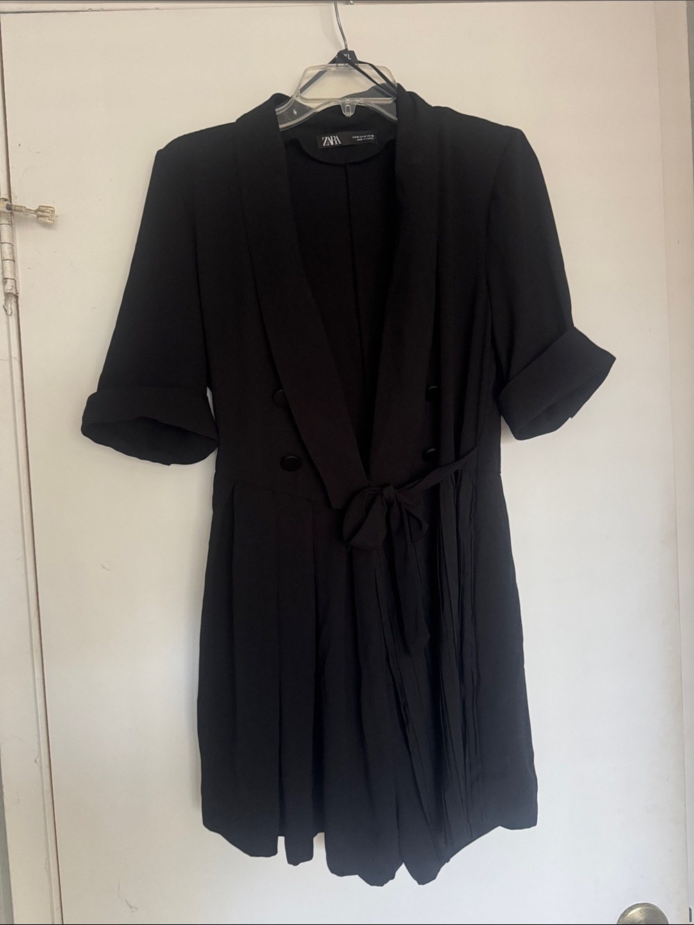 Zara Black Short-Sleeve Shawl Collar Tie-Waist Mini Dress with shorts